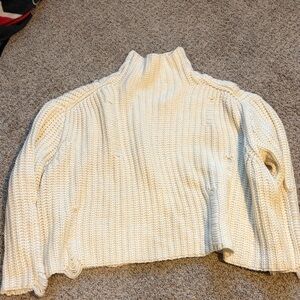 Boxy Distressed Cream Turtleneck Sweater